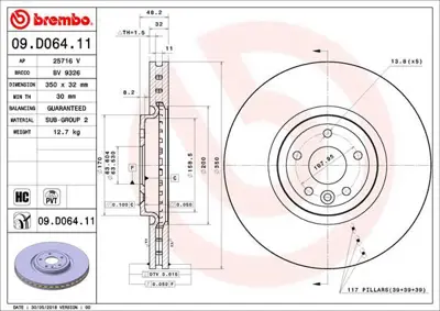 BREMBO 09.D064.11 Fren Dıskı On Uv Coated Jaguar BV9326 T4N1803 BBD6103S 8DD355132471 JAG115 18560 RAD2105C DSK3184 290227020 T4A2343