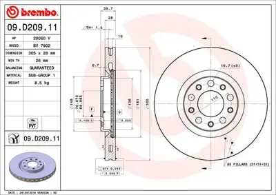BREMBO 09.D209.11 Fren Dıskı On Uv Coated Fıat K68350239AA 51963548 60928 51937304 51767382 52056675 1421748 DC13105 9936320 DDF1451