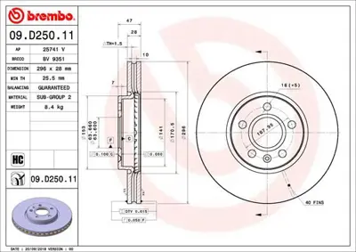 BREMBO 09.D250.11 Fren Dıskı On Uv Coated Volvo 31423722 1815314874 ADC2916V DSK3363 55875HC MDC2762 ADBP430040 92287505 6212410 8DD355125481