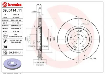 BREMBO 09.D414.11 Fren Dıskı On Uv Coated Ssangyong 4144135000 56249 DF6884S 355134171 ADC2954V 92324903 BBD5504 18710 8DD355134171 PCD22012