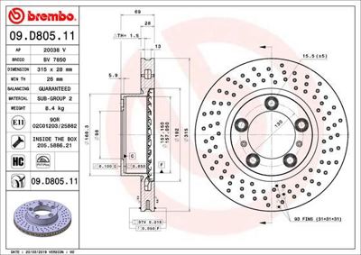 BREMBO 09.D805.11 Fren Dıskı On Uv Coated Porsche DSK3126 98135140101 460158920 ADV1843126 BG4827C 92279905 108213 DF6778S 18393 55799