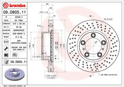 BREMBO 09.D805.11 Fren Dıskı On Uv Coated Porsche DSK3126 98135140101 460158920 ADV1843126 BG4827C 92279905 108213 DF6778S 18393 55799