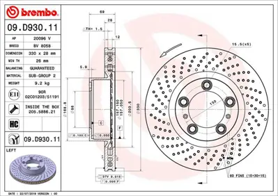 BREMBO 09.D930.11 Fren Dıskı On Uv Coated Porsche 24012802471 99735140101 DSK3210 MDC2730L DF6542S 92279605 55796 99735140100 986479D24 460152920