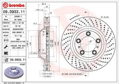 BREMBO 09.D933.11 Fren Dıskı On Uv Coated Porsche 99135140402 BV8085 20099V 460450120 290BK02319 ADBP430056 92287905 8DD355126931 RAD2606C 55879HC