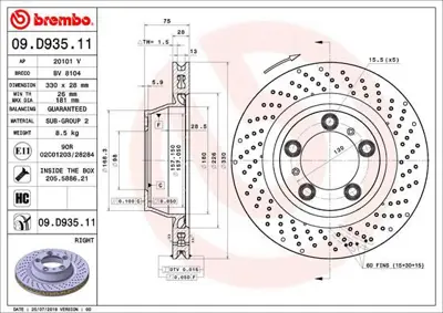 BREMBO 09.D935.11 Fren Dıskı Arka Uv Coated Porsche 99135240200 BV8104 92288105 20101V 460450320 AND7117 18599 ADC2935VR D1605D 9D93511