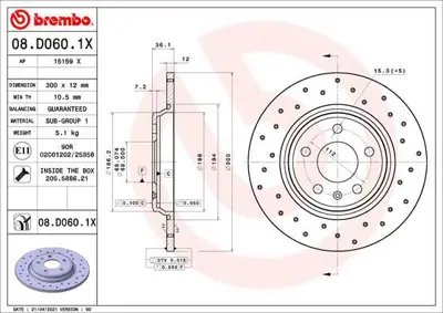 BREMBO 08.D060.1X Arka Fren Dıskı Delıklı-300×12 5×112 Audı A4 16-  A6 19-  Q5 17-   8W0615601C MDC2747 355125191 55828 563177JC VAG331 8DD355125191 DDF2599C 80A615601B 92282803