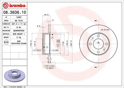 BREMBO 08.3636.10 Fren Dıskı On Arka Standard Fıat 71738422 50905 DDF083 1815204840 92019300 1815202550 RF16500250 DSK153 1815204826 4385812