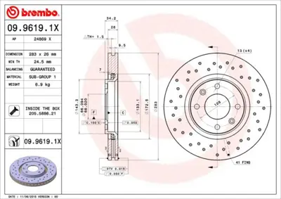 BREMBO 09.9619.1X Fren Dıskı On Xtra Opel 4249J6 186693 BG3622C MDC1492 9961975 92111600 17338 E169142 24869 24012601201