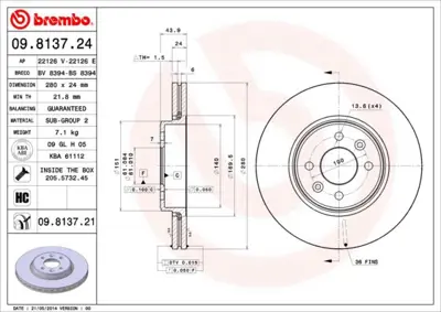 BREMBO 09.8137.21 Fren Dıskı On Uv Coated Renault 16835210004PD V746 7701207829 562959JC DI033 812025181C 5311125430 7701205086 6041101 6280561
