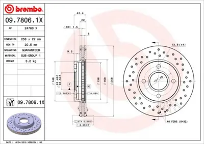 BREMBO 09.7806.1X Fren Dıskı On Xtra Ford 1522230 1388256 DD323325X 8DD355106431 1373771 DI307 DD633325X 9780675 F1621V DF4036