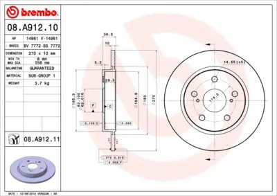 BREMBO 08.A912.11 Fren Dıskı Arka Uv Coated Toyota 4243102170 14981 DDF1645 360704008500 8A91210 5484 PCD11062 RT1748 J3312018 1110259