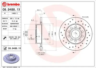 BREMBO 08.9488.1X Arka Fren Dıskı Delıklı-256x12 5×112 Vw Caddy 04-11  Golf 04-14  Audı A3 04-13  Skoda Octavıa 09-13 1K0615601AC DF950 412158 1584754 8948811 8DD355109631 DDF12761 8DD355122622 986479B78 986479952