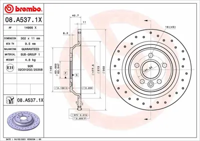 BREMBO 08.A537.1X Fren Dıskı Arka Xtra Volvo 30769059 13579153 13576781 1421538 BDR237910 43882 204857 D1797 986479397 BS8212C