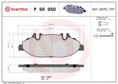 BREMBO P 50 050 Fren Balatası Mercedes W639 Vıano On / 2004-2007 Fıslı PA1640 240072101 12341 A0034207910 573221B 2205750 13046038192 BPA110902 252398418PD 10142120927