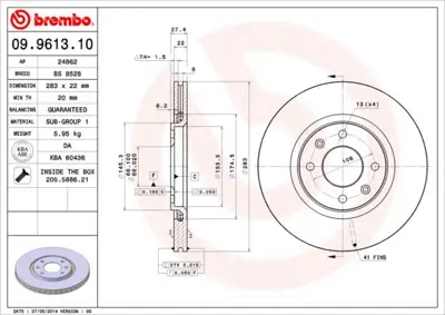 BREMBO 09.9613.10 Fren Dıskı On Standard Peugeot 4246G1 95667810 BS3920 DI955248 BG2690 BS3060C USR612 60201919VKSX DDF489 D630610