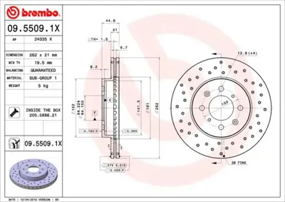 BREMBO 09.5509.1X Fren Dıskı On Xtra Honda SDB100600 561630 16039 9550914 24978E V311 561630J 45251SK7A00 BDC4372P GBD90840