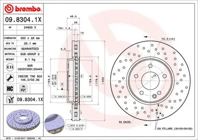BREMBO 09.8304.1X Fren Dıskı On Mercedes W210 Komp. W203 C 280/320 Delıklı A2104211212 AND6947 V3080043 SDK6251 DDF1136 BS7390 M2737V 54060PROHC 655610 ADA104305