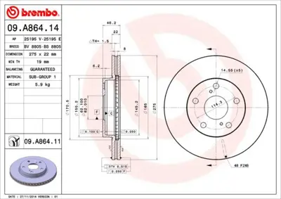 BREMBO 09.A864.11 Fren Dıskı On Uv Coated Toyota 4351212670 J3302161 6106131 FBD1900 DF4810 92163800 B130291 DDF17891 V7080022 6112210
