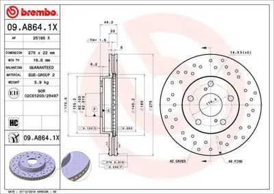 BREMBO 09.A864.1X Fren Dıskı On Xtra Toyota 4351212670 J3302161 6106131 FBD1900 DF4810 92163800 B130291 DDF17891 V7080022 6112210