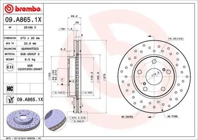 BREMBO 09.A865.1X Fren Dıskı On Xtra Toyota 4351202180 GBD1921 SDK6272 6048081 BD1643V 6104310 521857 BD2887 986479425 BD2745