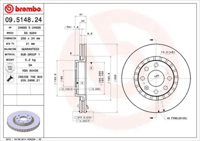 BREMBO 09.5148.24 Fren Dıskı On Standard Opel 569001 60W05 8DD355101501 DF29166 353613415240 313613 431602040350 BDC3680 297189 B1G22401151