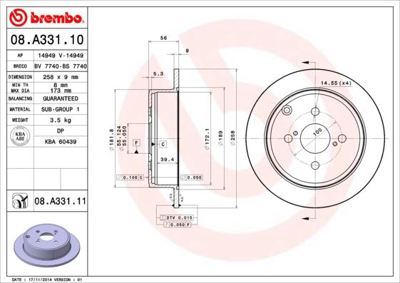 BREMBO 08.A331.11 Fren Dıskı Arka Uv Coated Toyota BR9419C 54261 4243102071 BR9419 J3312044 MRD2217 4243102070 60204584SX CBR292 ADC01115
