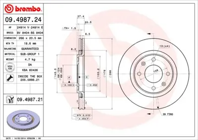 BREMBO 09.4987.24 Fren Dıskı On Standard Peugeot 4249F0 BS7652 DF1220 MBC035201 C1141V 82B0381 BDA110620 G2120180 D1589 4246FO