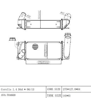 MGA 80341 Turbo Radyatoru Intercoler Toyota Corolla - Aurıs 1,4 D4d 2013-2018 96263 179400N080 30347 RA8280250 TO4668 DIT50009 4881429 KTO4668 53004668 TOYO8100