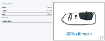PURFLUX TEK014 Sanzıman Fıltre Kıtı Audı A4- A5- A6- Q5 0B6325429