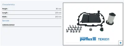 PURFLUX TEK031 Sanzıman Fıltre Kıtı-Bmw 1 Serıes E82- 3 Serıes E92-E93- 4 Serıes F32-F33-F82-F83-5 Serıes F10- 6 Serıes F06-F12-F13- Z4 Roadster E89 28107842840 V202742BEK 1051051002 28107850148 1051052002 28107842828 FMGE00021 1051050002 FMGE00022 V202742
