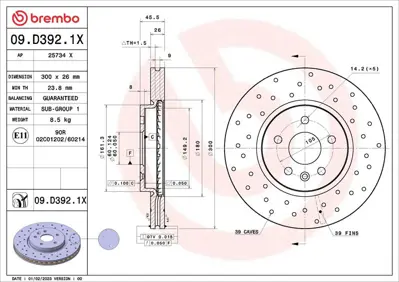 BREMBO 09.D392.1X Fren Dıskı On Opel Astra K Delıklı 13597467 13515909 BG4783C 9D39211 24012601881 430264252 8DD355122851 986479D93 SDK6837 197810
