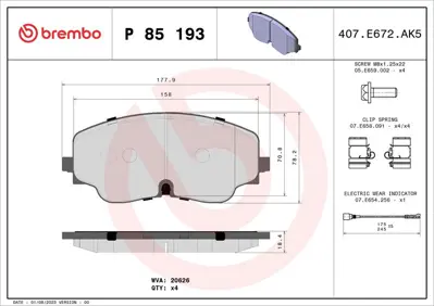 BREMBO P85193 On Fren Balatası Vw Audı Seat 5WA698151M 2062601 MDB4293 5WA698151B FDB4785 68225301AA 5WA615123B 2157802 8DB355020571 77367136