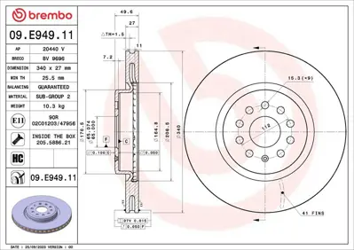 BREMBO 09.E949.11 On Dısk 340×27 5×112 Vw Audı Seat Skoda 1EA615301A BDS2287HC MDC3042C AND7388 ADC5103V RD01605 BG9494C 56374HC 92337405 PCD22391
