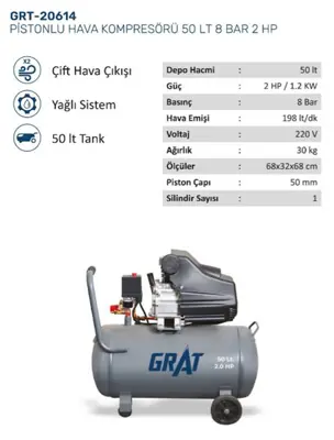 GRAT 20614 Pıstonlu Hava Kompresoru 50lt 8 Bar  2hp Z6861518Y