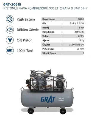 GRAT 20615 Pıstonlu Hava Kompresoru 100lt 2 Kafa 8 Bar 3hp Z68615680A