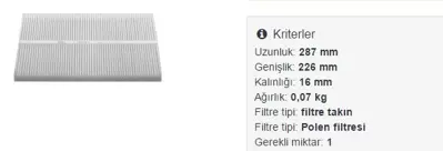 FROW 3672007001 Polen Fıltresı  Omega B 1808605 5301000 CAF1715 PF057 PC8010 NC2003 K1001 AH128 N121 XF1473