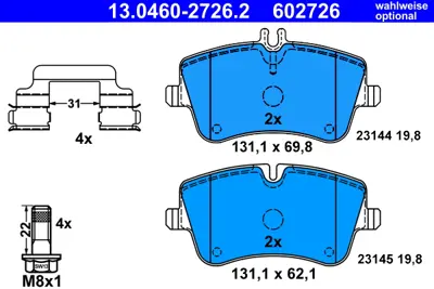 ATE 13 0460-2726 2 Fren Balatası On W202 93>00 W203 00>07 Cl203 02>08 C209 02>09 R171 04>11 A0054206220 34202520 A0034205920 A0034202620 A0034202520 A0034206020 A0034206220 34202620 BP1868 GDB1413