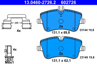 ATE 13 0460-2726 2 Fren Balatası On W202 93>00 W203 00>07 Cl203 02>08 C209 02>09 R171 04>11 A0054206220 34202520 A0034205920 A0034202620 A0034202520 A0034206020 A0034206220 34202620 BP1868 GDB1413