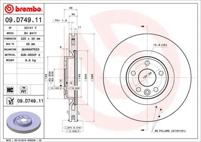 BREMBO 09.D749.11 Fren Diski On R.Rover Velar 2.0 17 LR125902