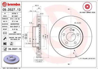 BREMBO 09.D527.13 Fren Diski On Co-Cast Mercedes C-Serisi W205 A0004212612