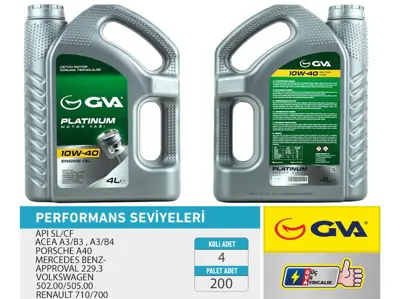 GVA  9920322 Motor Yaği 10w40 4 Lt Platinum Yari Sentetik Api Sl/Cf GDB1981 510000013 3330 510013 BL2767A1 DP21338 P23064N 9949335 72732 37863