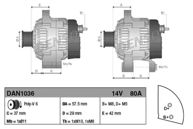 DENSO  DAN1036 Alternator Citroën C1 I (05-14) DAN1036 270600Q130 285623 CA1949IR 270600Q020 1022118740 270600Q021 43ST75 TO6059 200144802