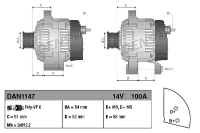 DENSO  DAN1147 Alternator Fiat Bravo Ii (06-14) 51820623 CAL30219ES DAN995 1012101100 210720R CAL30219 1012101101 63377018010 A6075 210720A