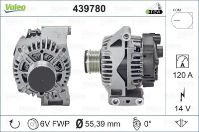 Valeo  439780 Alternator A115 14v 120a. Fca 500 (C) (07-) Fiorino (07-) Nemo (10-) Bipper 10> 1608858180 ALTL421U 553605RIB 51880173 A6106DENSO DAN1086 505570120500 553605RI A12DE0407 CAL15395RS