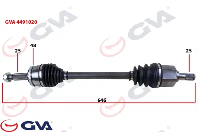 GVA  4491020 Komple Aks Sol Hyundai İ20 1.4l D4fc Crdi 08-15 Abs'Li (25x27 - Abs= 48 Diş) Komple Boy = 646mm 495001J400 495001J450 495261J401 CV1689N 18085021 3549150 239189 54911 50613Z HY176L