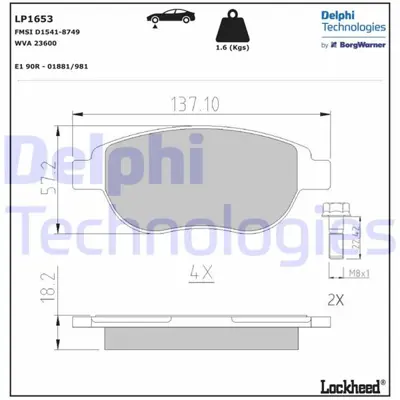 DELPHI GB 72331 Ön Balata P207 06> P307 00> Doblo 01> Partner 03> Berlingo 00> C3  02> C4 04> Xsara 00> 1611140980 16422 E172559 BP1150 PD3060 PCP1088 E172125 SP2073 37273 50000080