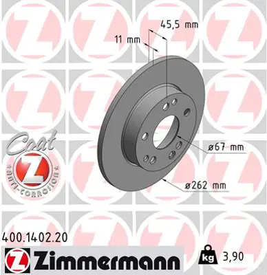 ZIMMERMANN  400.1402.20 Fren Diski On Mercedes 190 W201 85>93 A2014211212 622100 A2014210812 DF29103 BS7339 VBD199 RT1019T5 92027400 6110326 15735