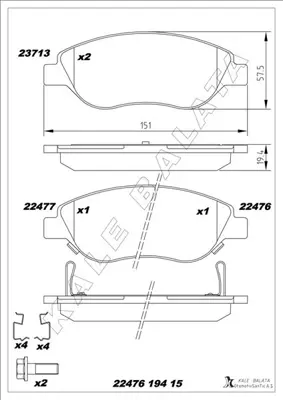 KALE  22476A0001KD13 On Balata Fiat Egea 15> 1.4 1.5 T4 Hibrit 1.6 D  K:19 Mm G:151.1 Mm (Büyük Tip) (8 Adet Klips) 77367923 12079023 86012 8DB355025631 FDB5138 2205772 511351 33101792 RA07623 PA0244AF