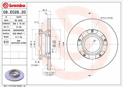 BREMBO  08E02620 Arka Fren Disk Aynasi Transit Custom V362 12> ( Abs Li) O.Ceker Cap (308×16) BK212A097EA 2012584 2040064