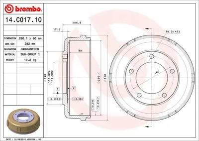 BREMBO  14C01710 Arka Kampana  Transit V.184 01>06 (Tek Teker) [280 / 80.5 Mm] YC1W 1126 DD 3C111126AA 4519396